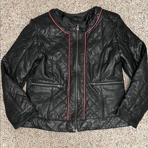Vintage y2k Black Quilted leather Jacket with Red Trim